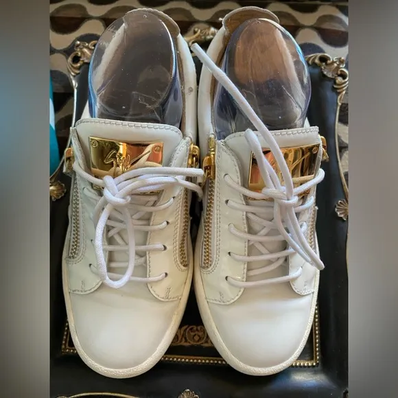 Giuseppe Zanotti Italian Luxury Brand Women’s White &amp; Gold Sneakers,Size 8US
