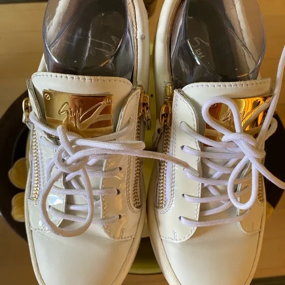 Giuseppe Zanotti Italian Luxury Brand Women’s White &amp; Gold Sneakers,Size 8US
