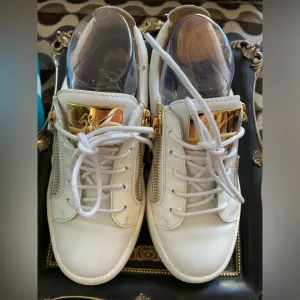 Giuseppe Zanotti Italian Luxury Brand Women’s White &amp; Gold Sneakers,Size 8US