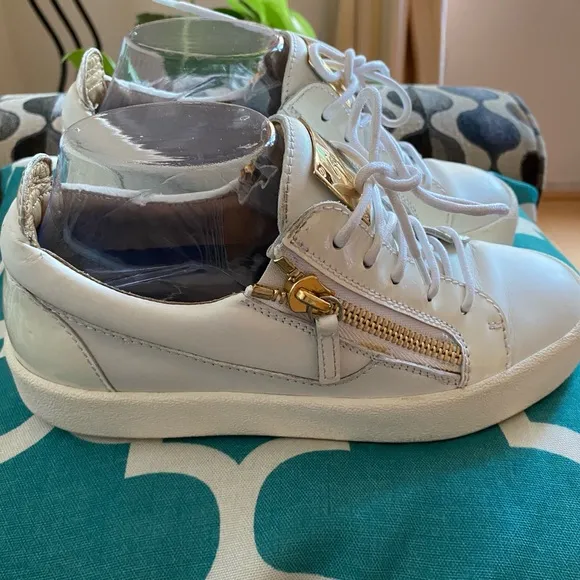 Giuseppe Zanotti Italian Luxury Brand Women’s White &amp; Gold Sneakers,Size 8US