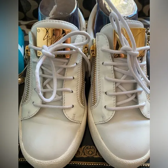 Giuseppe Zanotti Italian Luxury Brand Women’s White &amp; Gold Sneakers,Size 8US