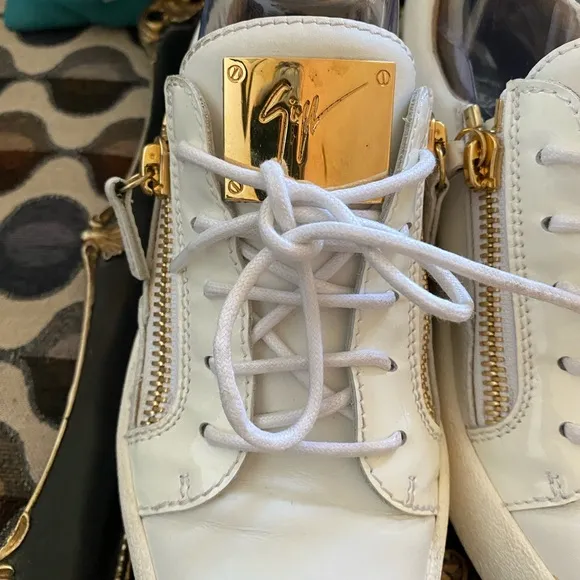 Giuseppe Zanotti Italian Luxury Brand Women’s White &amp; Gold Sneakers,Size 8US