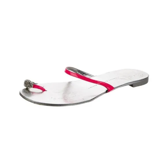 Giuseppe Zanotti Pink Rhinestone Toe Strap Flat Leather Sandal US 8