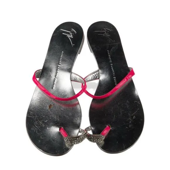 Giuseppe Zanotti Pink Rhinestone Toe Strap Flat Leather Sandal US 8