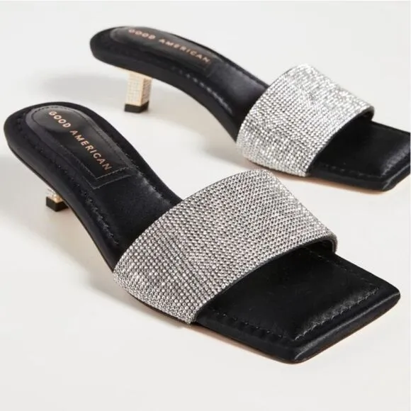 Good American Kickstand Kitten Heel Glitter Square Toe Slide Sandals Size 10
