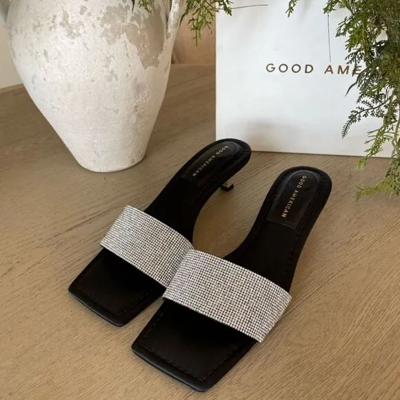 Good American Kickstand Kitten Heel Glitter Square Toe Slide Sandals Size 10