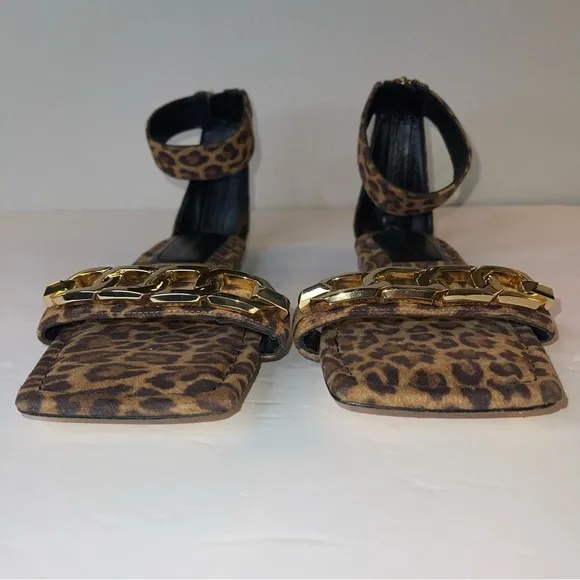 Good American Leopard Print Ankle Strap Square Toe Sandals 8.5 gold chain