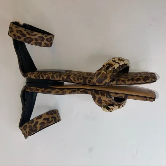 Good American Leopard Print Ankle Strap Square Toe Sandals 8.5 gold chain