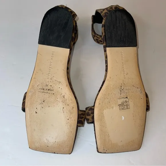 Good American Leopard Print Ankle Strap Square Toe Sandals 8.5 gold chain
