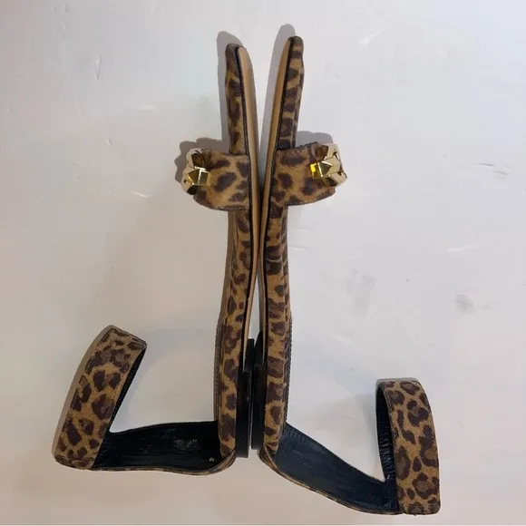 Good American Leopard Print Ankle Strap Square Toe Sandals 8.5 gold chain