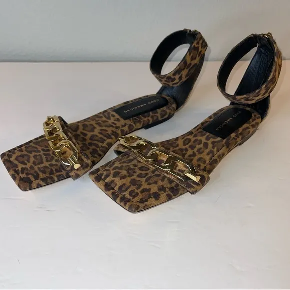 Good American Leopard Print Ankle Strap Square Toe Sandals 8.5 gold chain