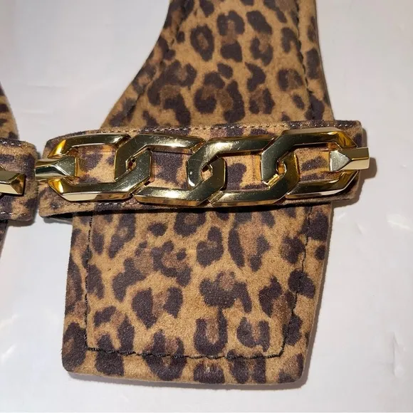 Good American Leopard Print Ankle Strap Square Toe Sandals 8.5 gold chain