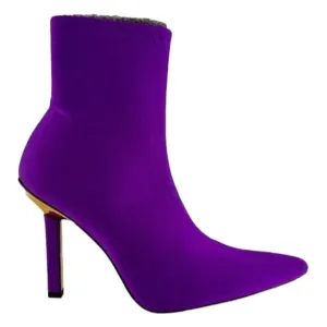 Good American High Kickstand Neoprene Heeled Ankle Boots Purple Gold Heel 7.5