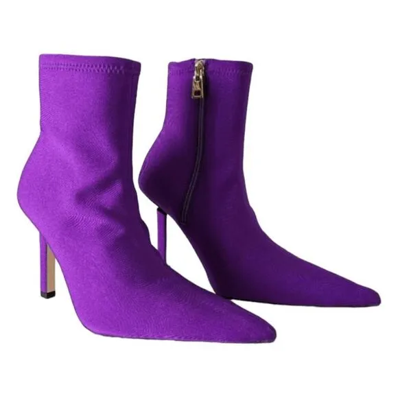 Good American High Kickstand Neoprene Heeled Ankle Boots Purple Gold Heel 7.5