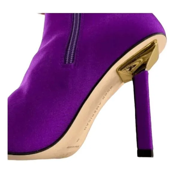 Good American High Kickstand Neoprene Heeled Ankle Boots Purple Gold Heel 7.5