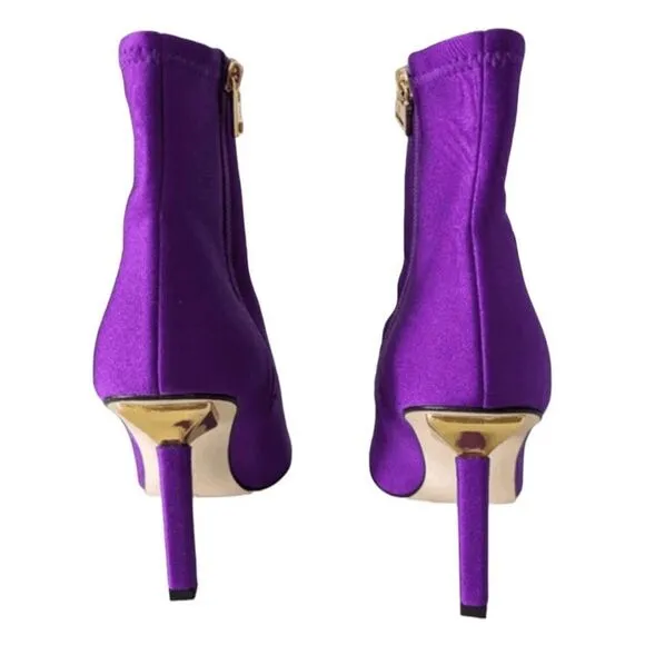 Good American High Kickstand Neoprene Heeled Ankle Boots Purple Gold Heel 7.5