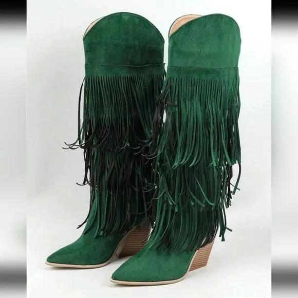 Green Knee-High Geometric Fringed Comfortable Faux Suede Thick Heel Boots,