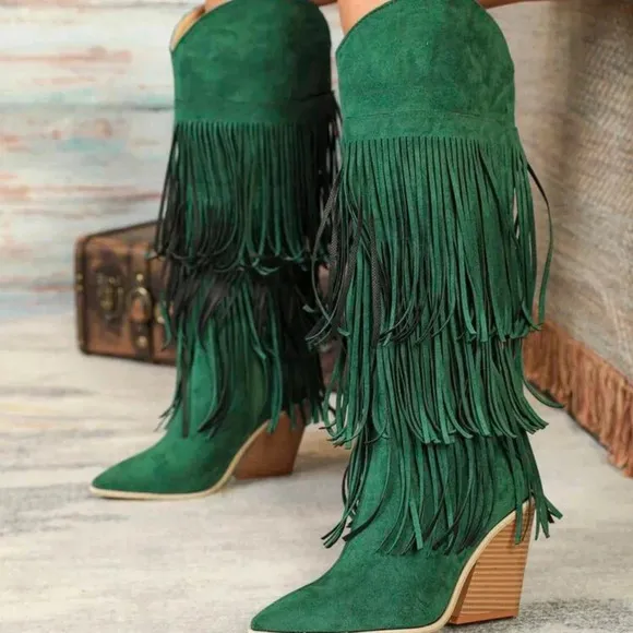 Green Knee-High Geometric Fringed Comfortable Faux Suede Thick Heel Boots,