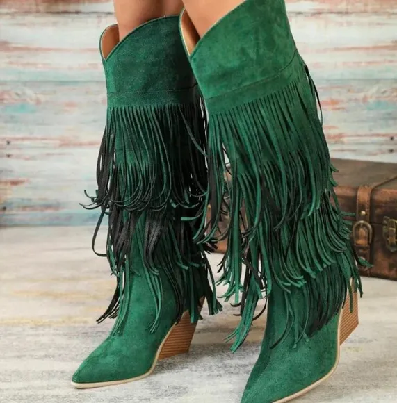 Green Knee-High Geometric Fringed Comfortable Faux Suede Thick Heel Boots,