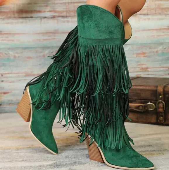 Green Knee-High Geometric Fringed Comfortable Faux Suede Thick Heel Boots,