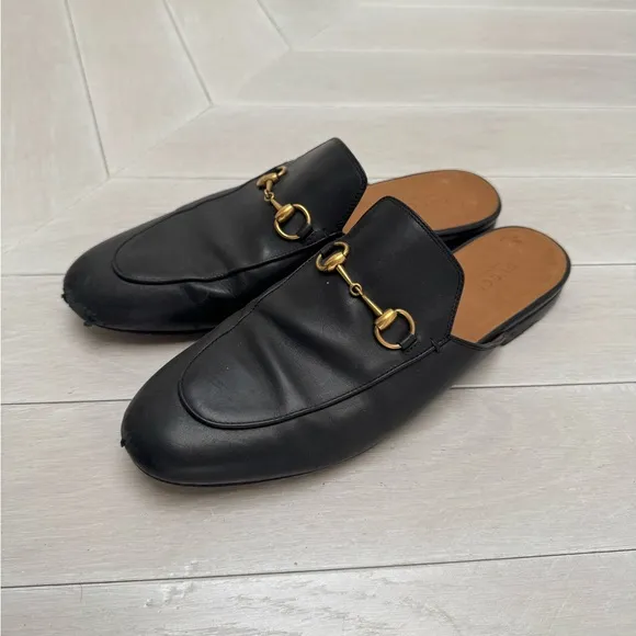 Gucci Black Leather Slides with Gold Detail