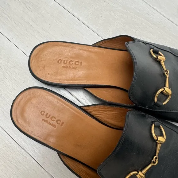 Gucci Black Leather Slides with Gold Detail