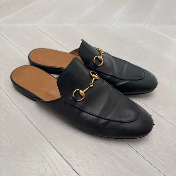 Gucci Black Leather Slides with Gold Detail