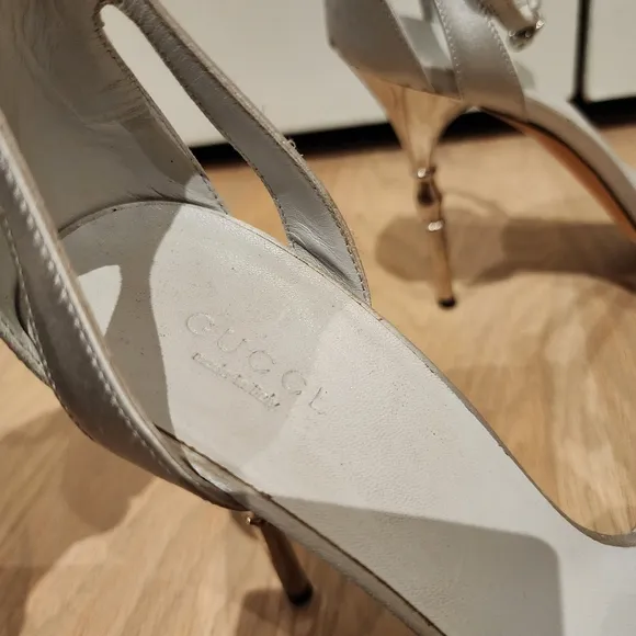 GUCCI Grey Satin Debra Ankle Strap Sandals Bamboo Heel