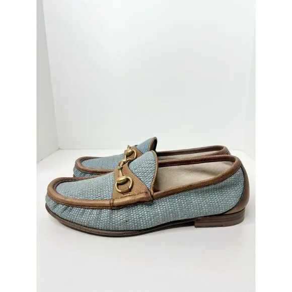 Gucci Horsebit Raffia Blue Loafers, Size 7
