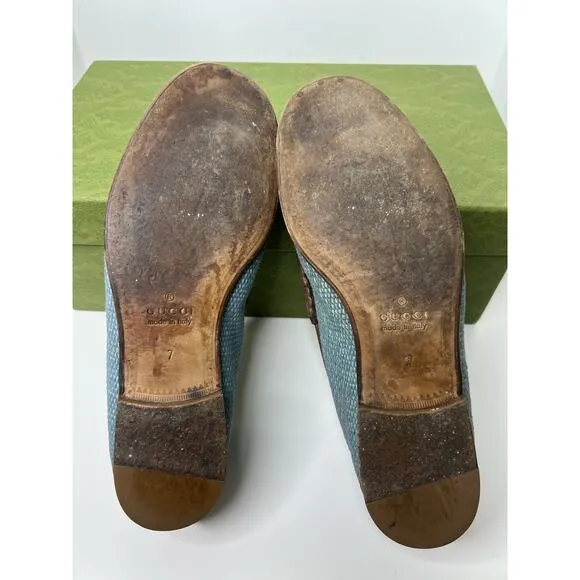 Gucci Horsebit Raffia Blue Loafers, Size 7