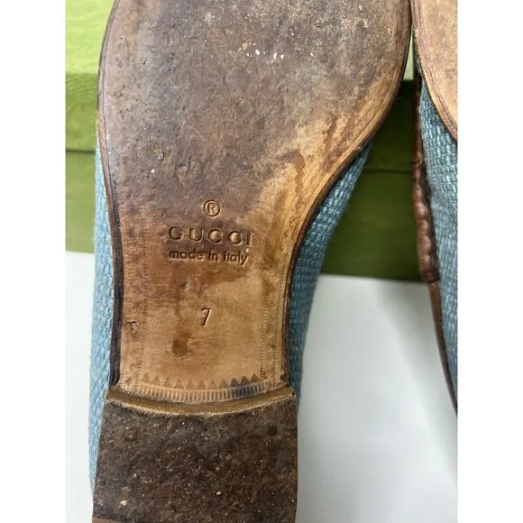 Gucci Horsebit Raffia Blue Loafers, Size 7