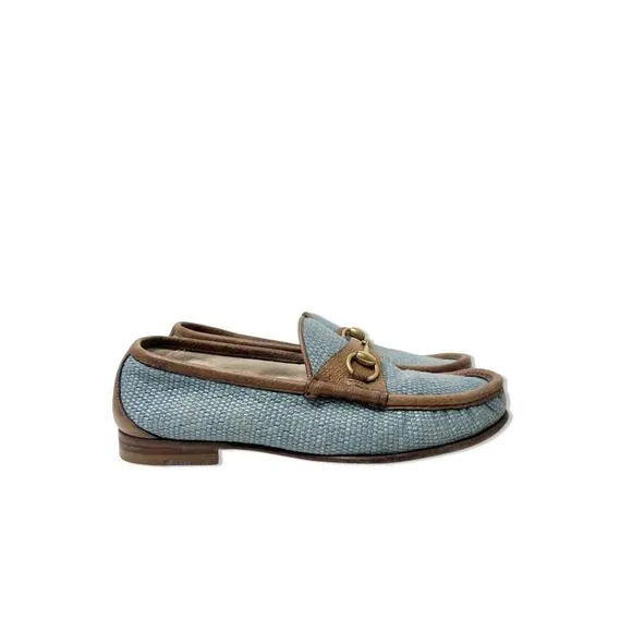 Gucci Horsebit Raffia Blue Loafers, Size 7