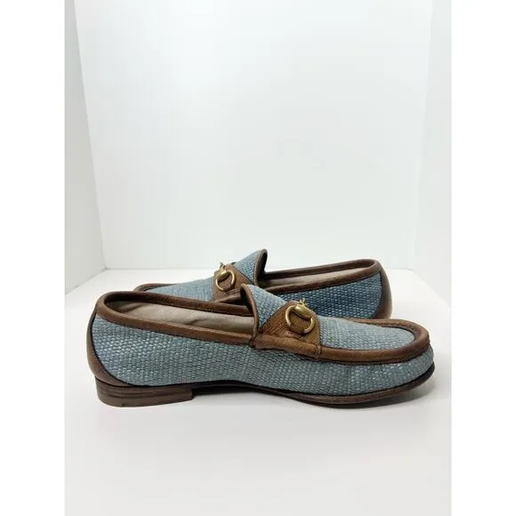 Gucci Horsebit Raffia Blue Loafers, Size 7