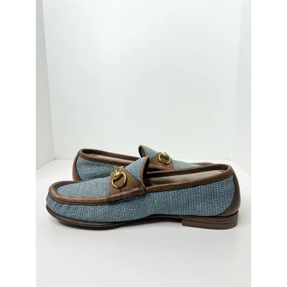 Gucci Horsebit Raffia Blue Loafers, Size 7