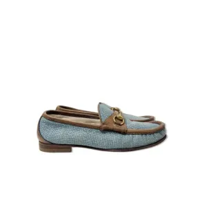 Gucci Horsebit Raffia Blue Loafers, Size 7