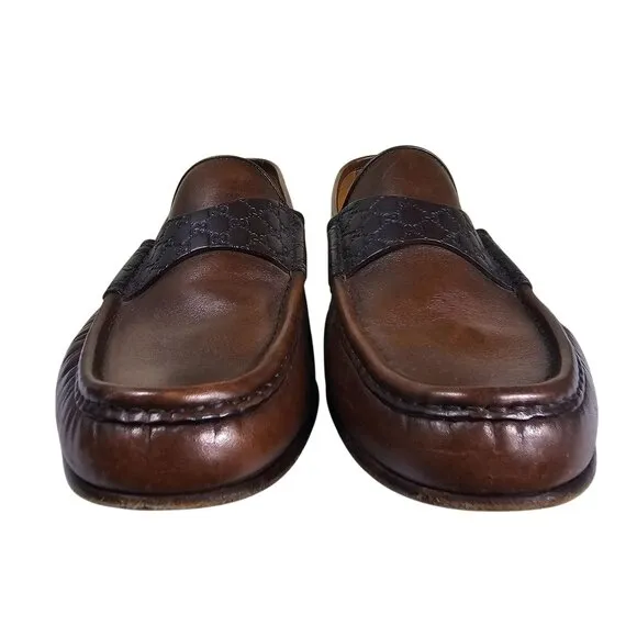 Gucci Mens Brown Leather Loafers 9.5 Made In Italy Classic Slip-On Quiet Luxury