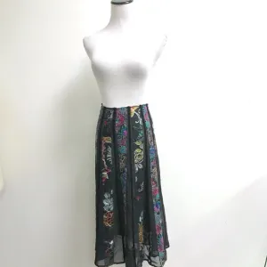 Harari black pink sheer panel midi silk skirt floral stripe velvet VINTAGE M