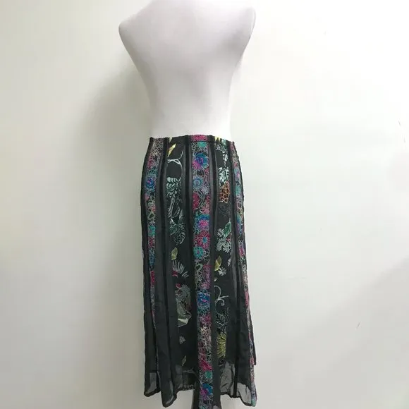 Harari black pink sheer panel midi silk skirt floral stripe velvet VINTAGE M