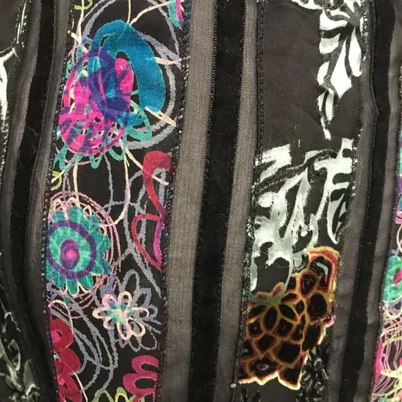 Harari black pink sheer panel midi silk skirt floral stripe velvet VINTAGE M