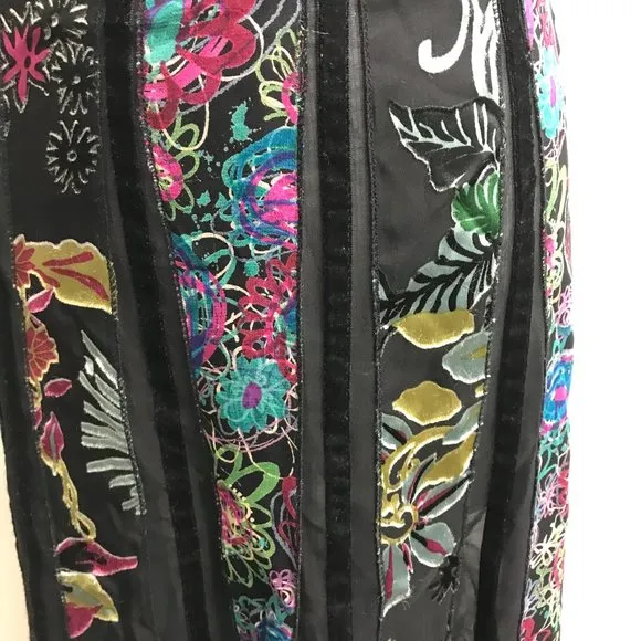 Harari black pink sheer panel midi silk skirt floral stripe velvet VINTAGE M