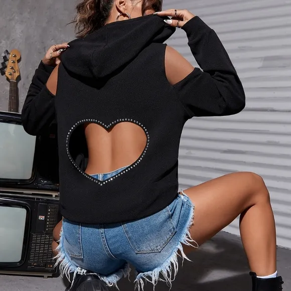 Heart Cut Out Back Rhinestone Detail Drawstring Hoodie