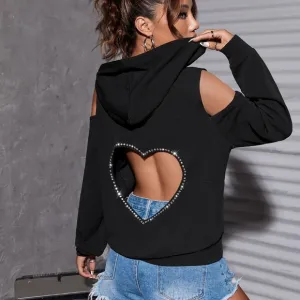 Heart Cut Out Back Rhinestone Detail Drawstring Hoodie