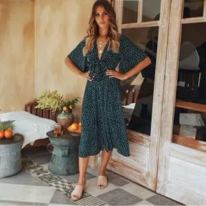 Hello Molly Stuck In Your Ways Midi Polka Dot Green Dress Size M