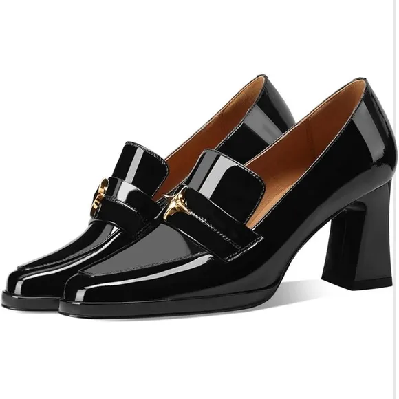 High Heel Loafers Closed Round Toe Slip On Platform Pumps Chunky Block Heel