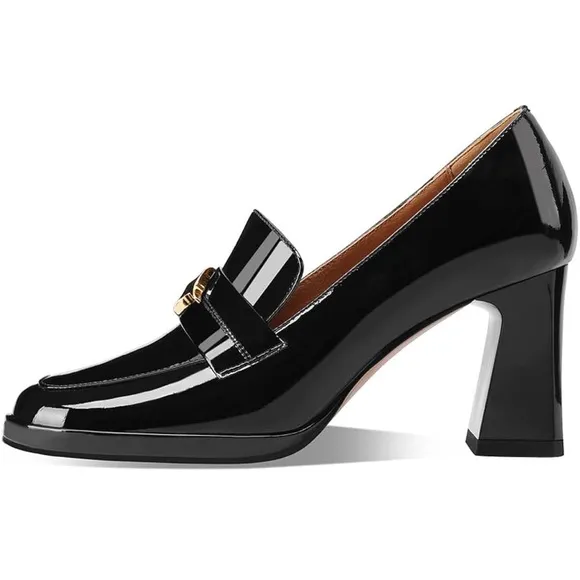 High Heel Loafers Closed Round Toe Slip On Platform Pumps Chunky Block Heel