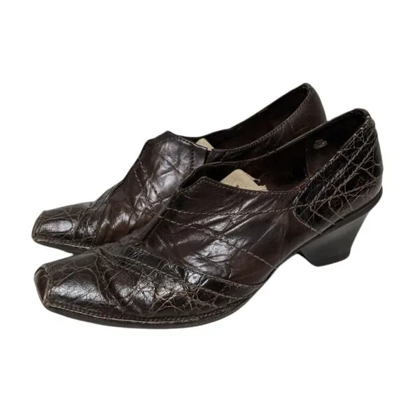 HISPANITAS Brown Leather Croc Embossed Heeled Loafers 7