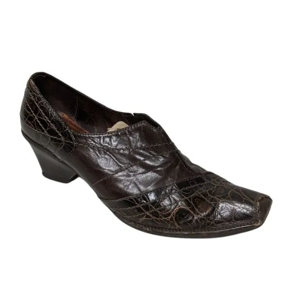 HISPANITAS Brown Leather Croc Embossed Heeled Loafers 7