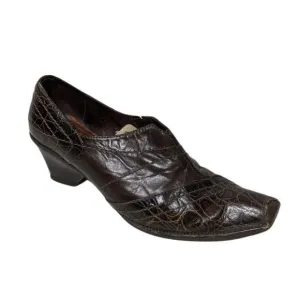 HISPANITAS Brown Leather Croc Embossed Heeled Loafers 7