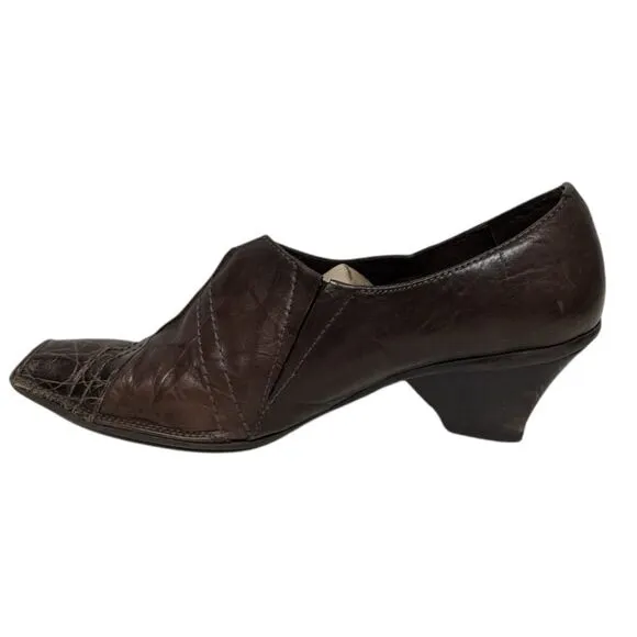 HISPANITAS Brown Leather Croc Embossed Heeled Loafers 7