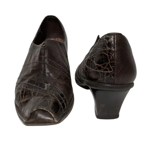 HISPANITAS Brown Leather Croc Embossed Heeled Loafers 7